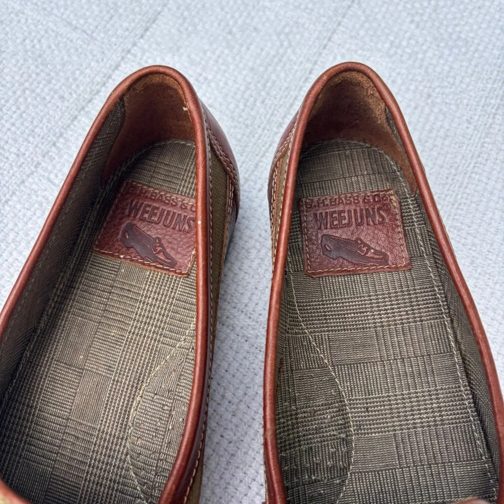 Women's 5.5 BASS Weejuns Vintage 1991 Olive Cognac Canvas Leather Penny Loafers